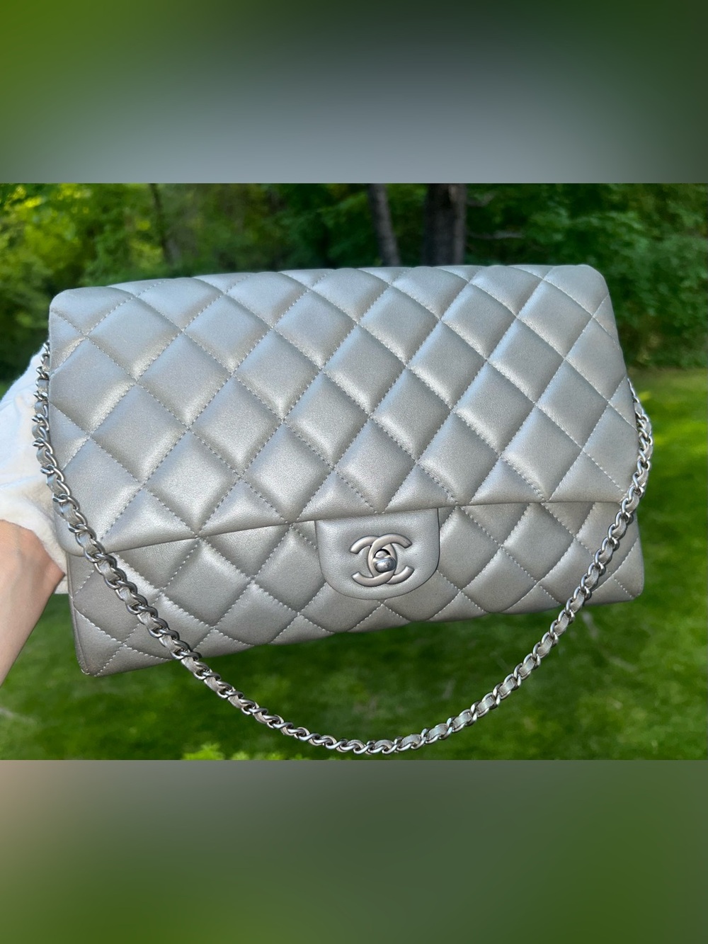 CHANEL CC Classic Single Flap Quilted Lambskin Leather Shoulder Bag Silver Grey
